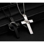 Stainless Steel Christian Cross Pendant Necklace with Ring - Matt Black - Image 5