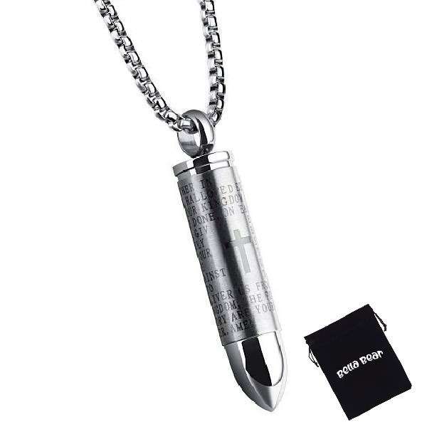 Our Father Bullet Pendant Necklace with Cross + BellaBear Pouch - Silver